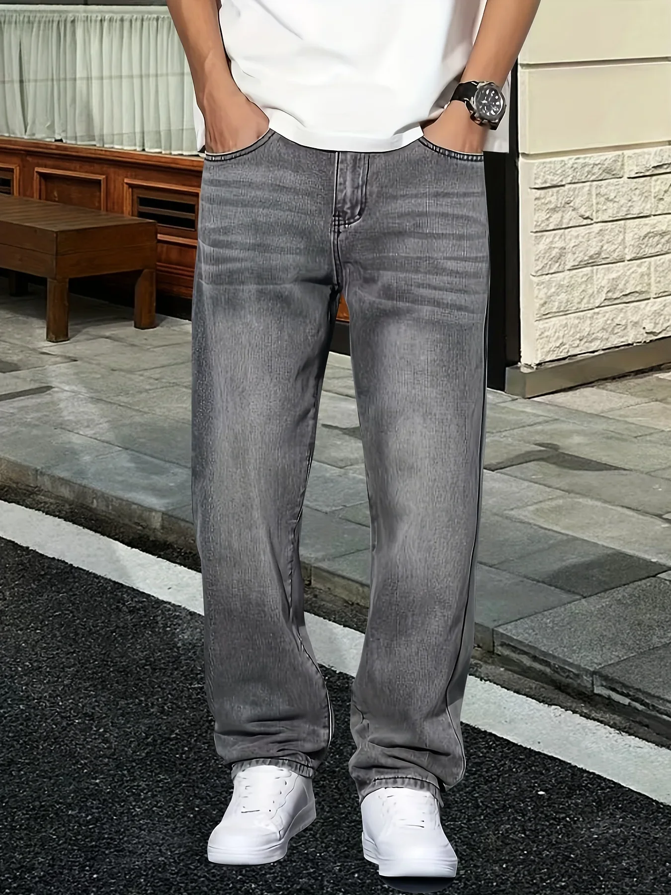 Men'S Fashion Grey Jeans - Celana jeans abu-abu pria, pakaian kasual,