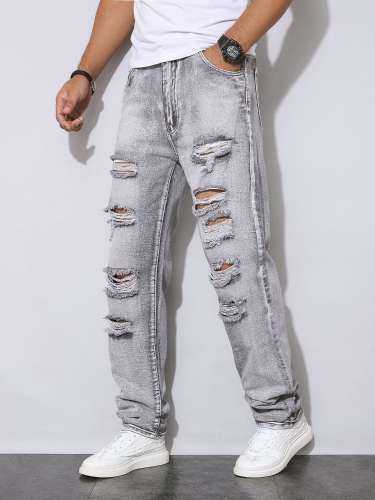 Men'S Fashion Grey Jeans - Celana Denim Abu-abu Distressed Musim Gugur