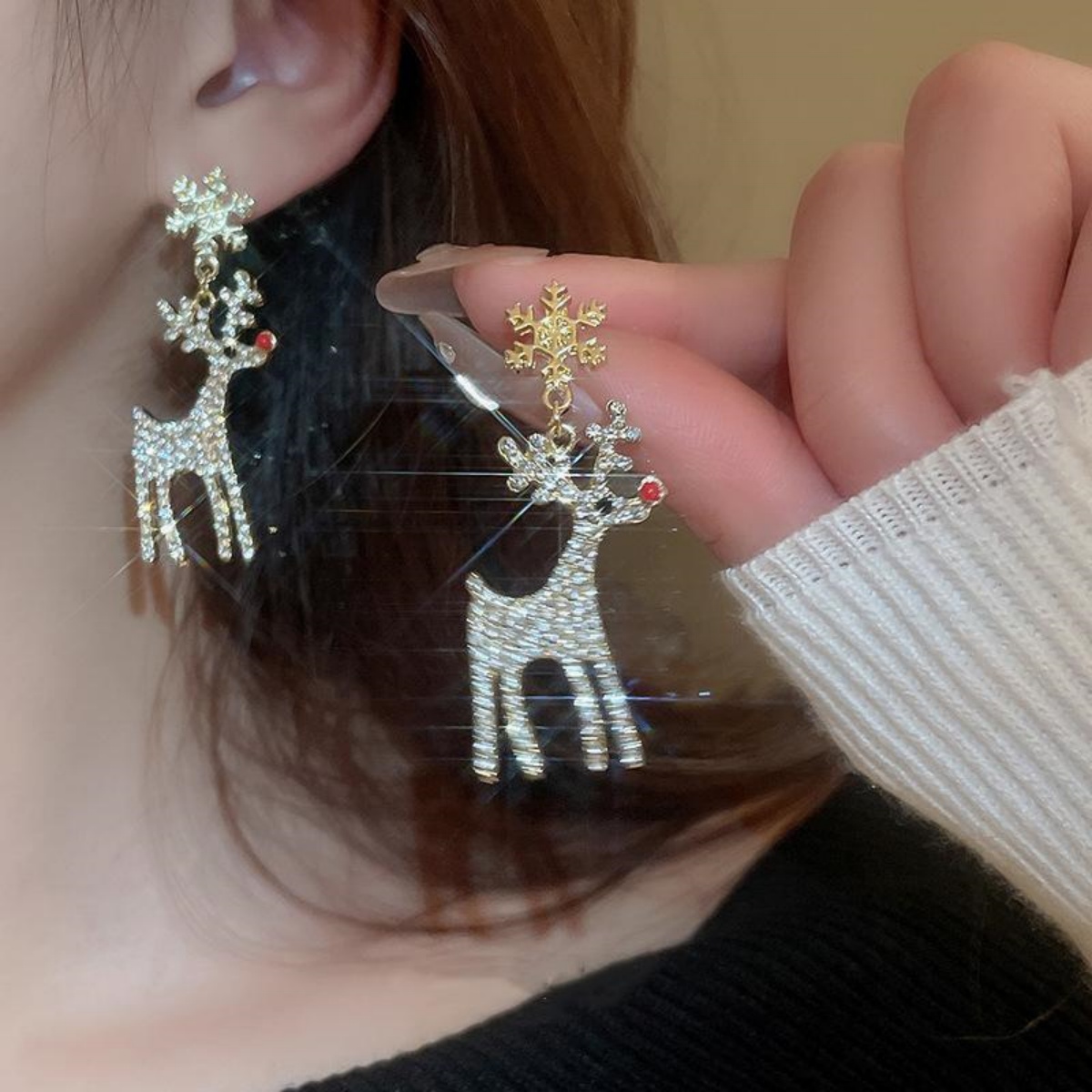 Men'S Fashion Xmas Party - Anting-anting Natal Bentuk Rusa dengan Berlian