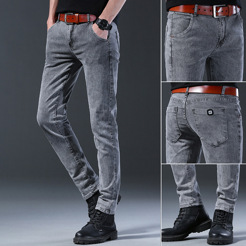 Men'S Fashion Grey Jeans - Celana Jeans Abu-abu Elastis Slim Pria,