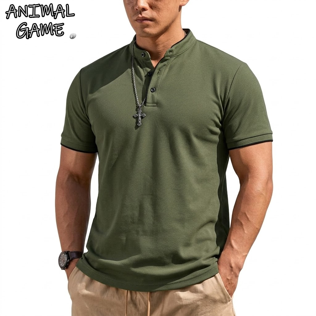 Men Fashion Upper - Kaos Henley Lengan Pendek Musim Panas